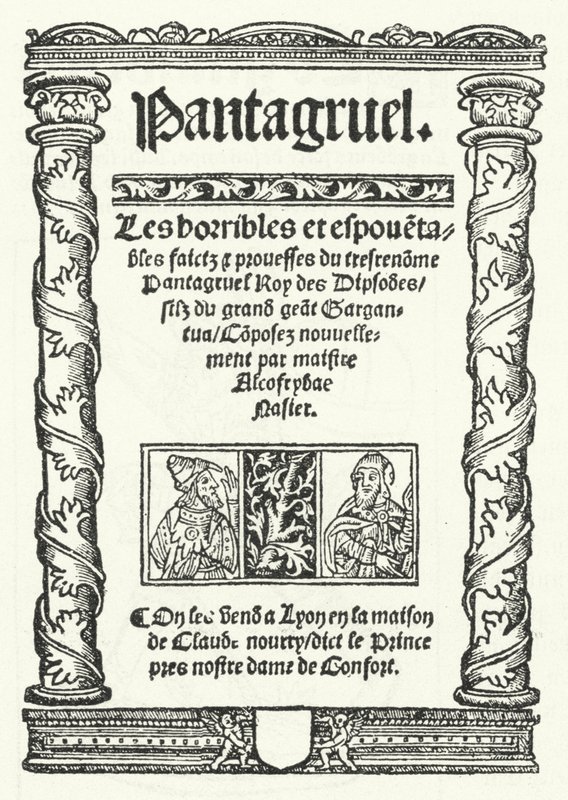 A címlap a Pantagruel legrégebbi ismert kiadásából, Francois Rabelais regényéből (metszet) alkotó: German School