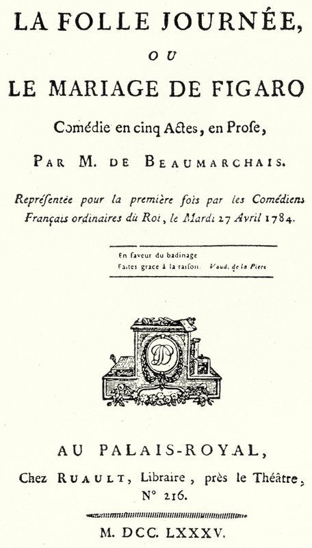 A címlap Pierre Beaumarchais Figaro házassága című darabjából, amelyet először 1784-ben adtak elő (metszet) alkotó: German School