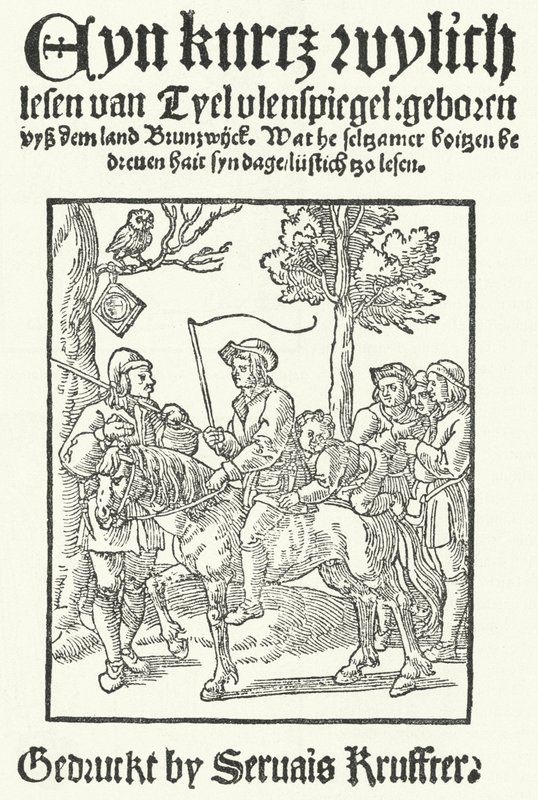A Till Eulenspiegel legrégebbi ismert alnémet kiadásának címlapja, Servais Kruffter nyomda (metszet) alkotó: German School