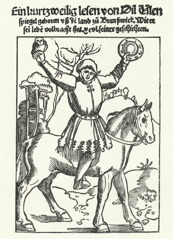 Till Eulenspiegel bagollyal és tükörrel ábrázolva (metszet) alkotó: German School
