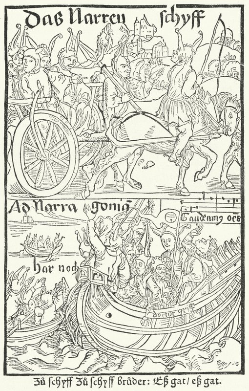 Címlap Sebastian Brant Bolondok Hajójának első kiadásából, Johann Bergmann von Olpe nyomta Bázelben 1491-ben (metszet) alkotó: German School