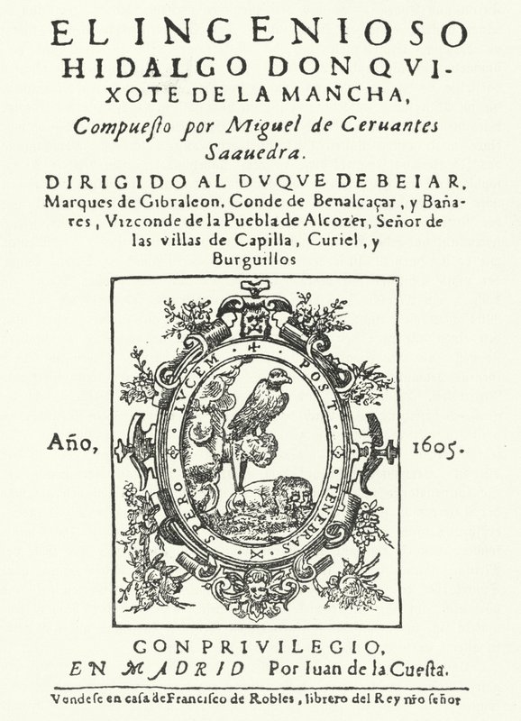 Címlap a Don Quijote című regény első kiadásából, Miguel de Cervantes (metszet) alkotó: German School