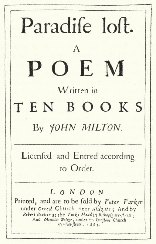 Címlap az angol költő, John Milton Lost Paradise című könyvének 1667-ben megjelent eredeti kiadásából (metszet) alkotó: German School