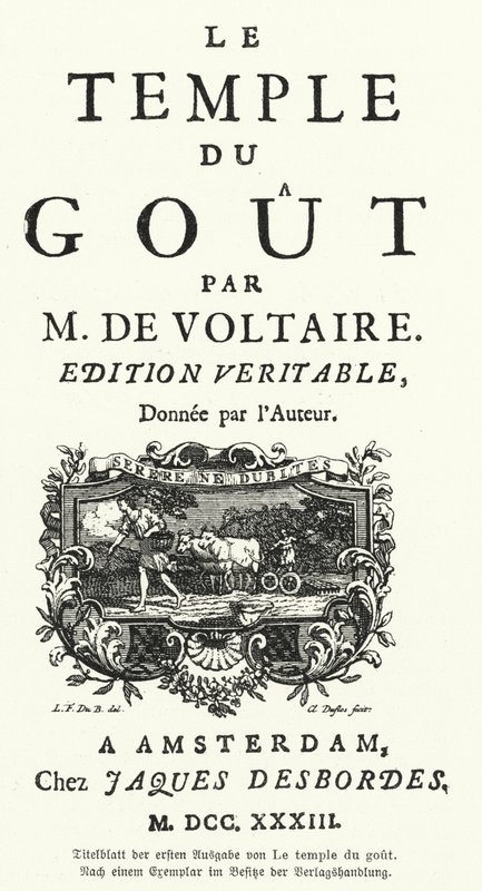Voltaire francia író és filozófus Le Temple du Gout című művének első kiadásának címlapja alkotó: German School