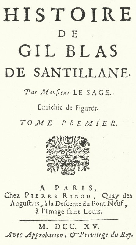 Alain-Rene Lesage francia regény- és drámaíró Gil Blas első kiadásának címlapja, amely 1715-ben jelent meg (metszet) alkotó: German School