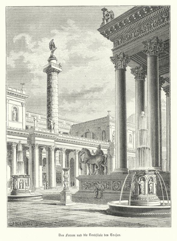 Traianus-oszlop és fórum, Róma (metszet) alkotó: German School