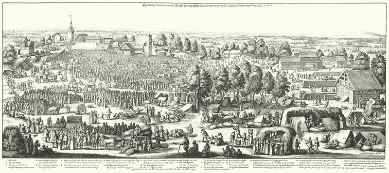 Utazók, akik ellátogatnak a gyógyforrásokhoz Hornhausen faluban, 1646 (metszet) alkotó: German School