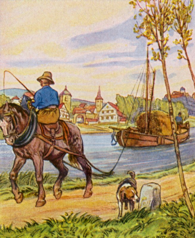 Treidelschiff / Vontatóhajó (színes litográfia) alkotó: German School