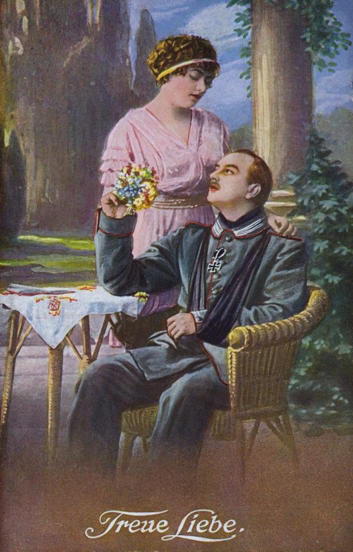 Igaz szerelem: sebesült német katona a kedvesével (színes litográfia) alkotó: German School