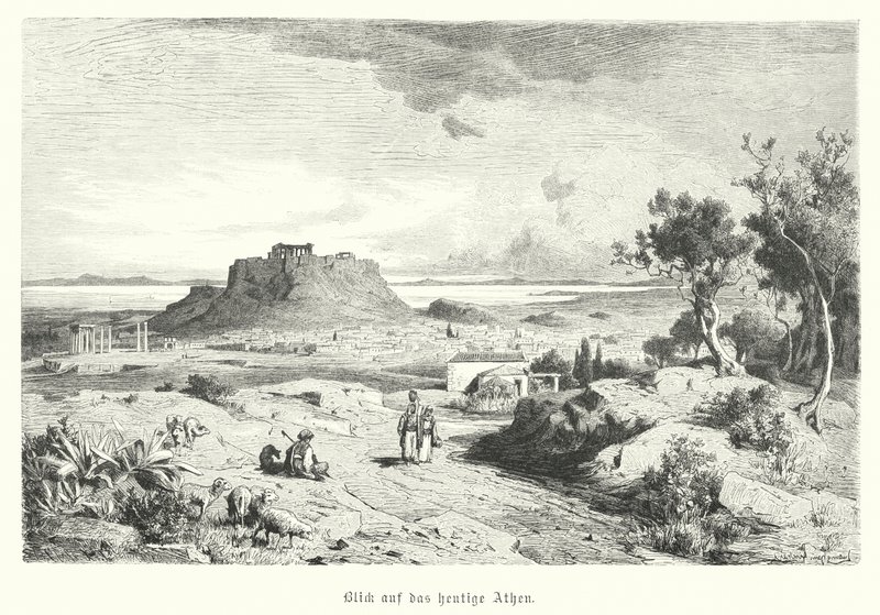 Kilátás Athénra, Görögország, 19. század vége (metszet) alkotó: German School