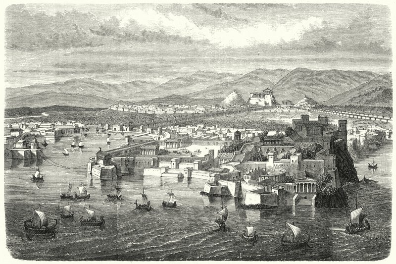 Kilátás az ókori Athénra Pireuszból (metszet) alkotó: German School
