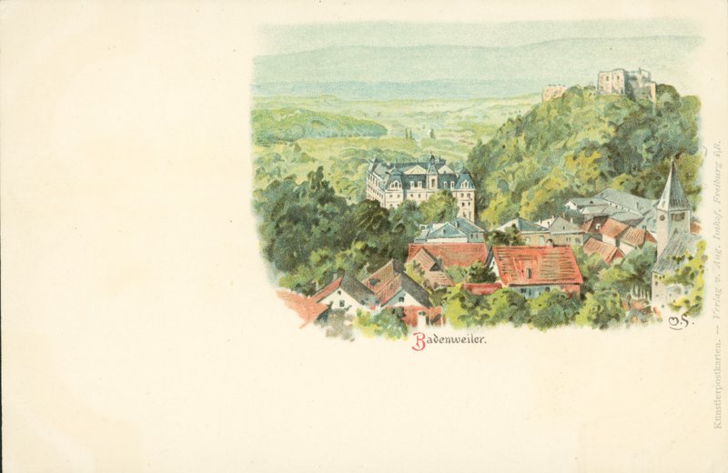 Kilátás Badenweiler városára, Németország (chromolitho) alkotó: German School