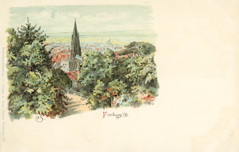 Kilátás Freiburg városára, németországi székesegyházával (chromolitho) alkotó: German School