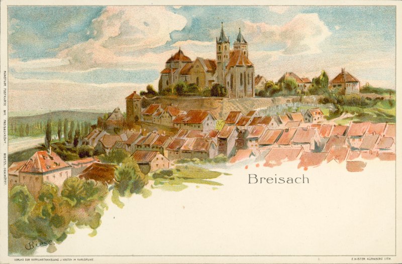 Kilátás Breisach városára, Németországban (chromolitho) alkotó: German School