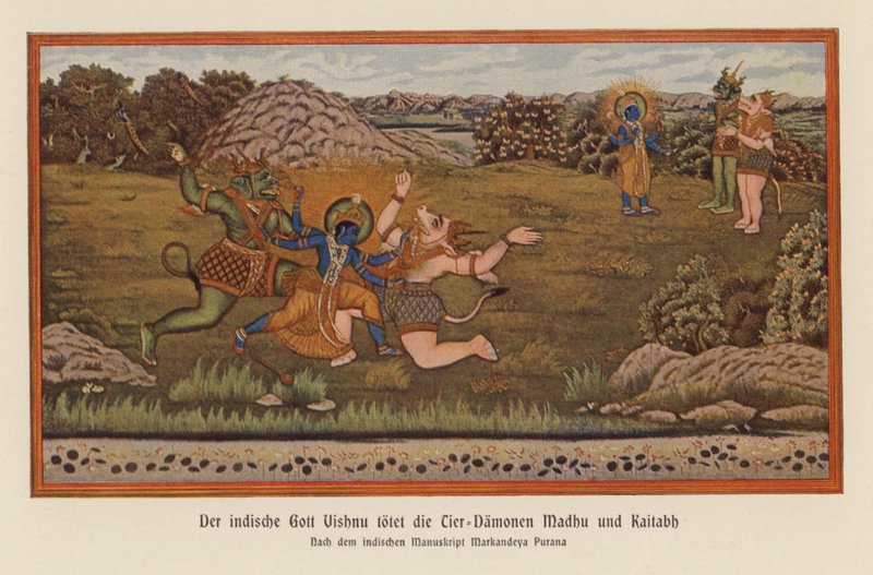 Visnu megöli a démonokat, Madhu és Kaitaba (színes litográfia) alkotó: German School