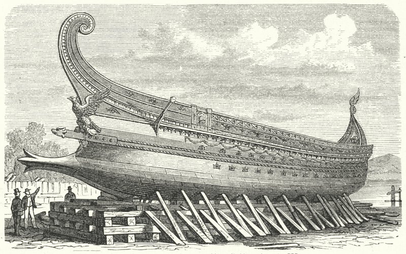 A francia Napóleon által tervezett hadihajó egy ókori római trireme alapján (metszet) alkotó: German School