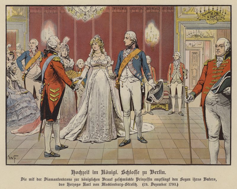 Frigyes Vilmos porosz koronaherceg és Louise Mecklenburg-Strelitz hercegnő esküvője a berlini királyi palotában, 1793. december 24-én (színes litó) alkotó: German School