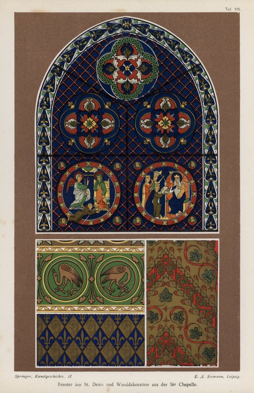 Ablak a Szent Denis-bazilikából és faldísz a Sainte-Chapelle-ből, Párizs, Franciaország (színes litó) alkotó: German School