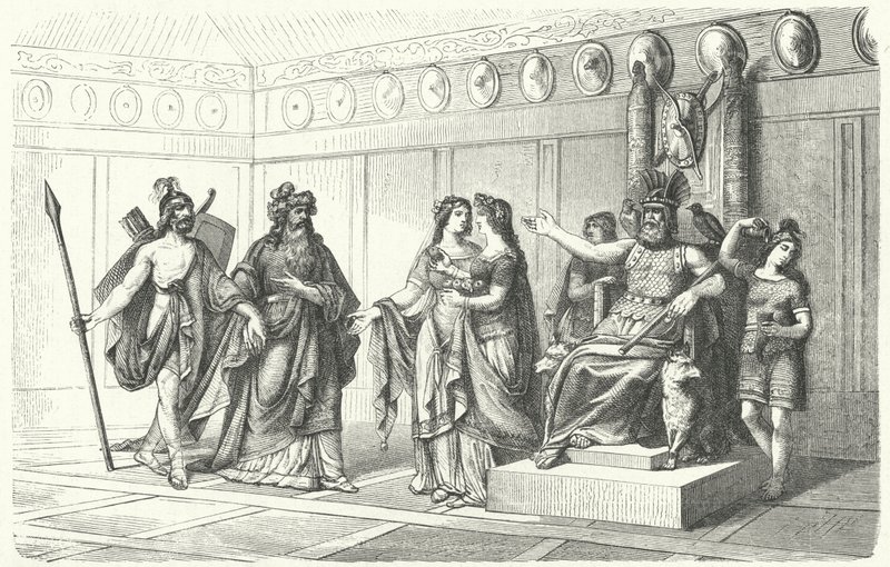 Wotan fogadja a Bragi, a költészet és a dal istene által bemutatott zenészeket (metszet) alkotó: German School