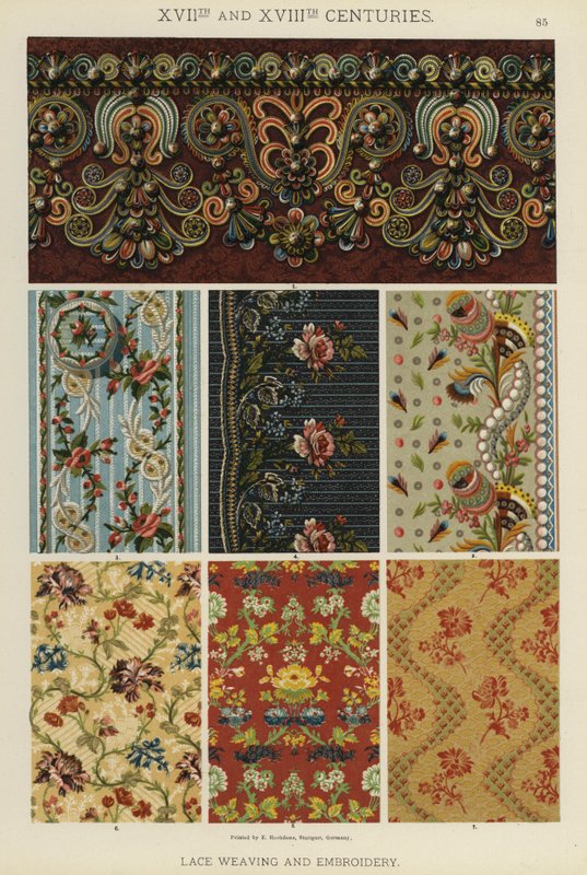 XVII. és XVIII. század, csipkeszövés és hímzés (színes litho) alkotó: German School