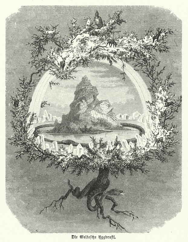 Yggdrasil, a skandináv kozmológia mitikus kőrisfa (metszet) alkotó: German School