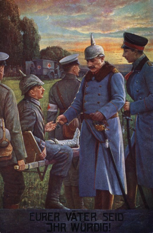 Méltóak vagytok apáitokhoz: Vilmos császár egy sebesült német katonának adományozza a Vaskeresztet (színes litográfia). alkotó: German School