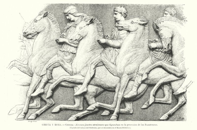 Fiatal athéni lovasok, a Parthenon-fríz egy részének másolata Athénból, az ókori Görögországból (litho) alkotó: German School