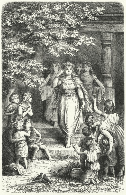 Fiatal német nők koszorúkat viselő Eostre (Ostara) fesztivál ünneplésére (metszet) alkotó: German School