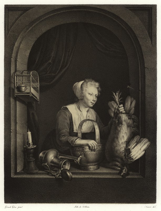 Egy nő felakaszt egy szárnyast alkotó: Gerrit Dou