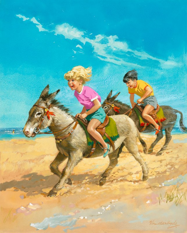 Fiú és lány szamárháton lovagol a tengerparton alkotó: Gerritt Vandersyde