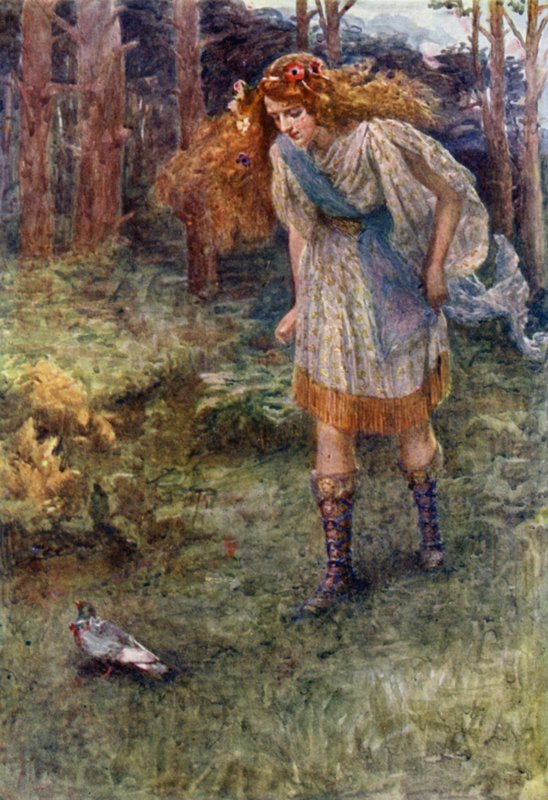 "És bármikor, amikor közeledett a galamb, egy kicsit előre repült" (színes litho) alkotó: Gertrude E. Demain (after) Hammond