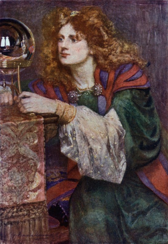 Britomart kémleli a tükröt (színes litho) alkotó: Gertrude E. Demain (after) Hammond