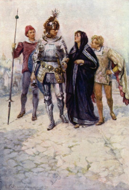 Arthur herceg bevezeti Belge-t és fiait a kastélyba (színes litó) alkotó: Gertrude E. Demain (after) Hammond