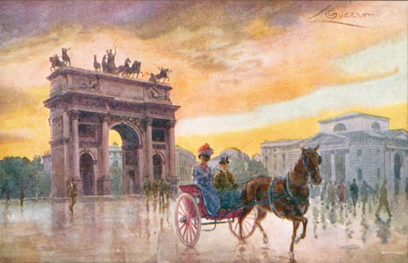 Milánó / Milan: Arco della Pace (színes litográfia) alkotó: Giovanni Guerzoni