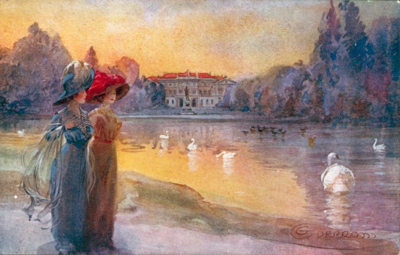 Milánó / Milánó: Közpark és Villa Reale (színes litográfia) alkotó: Giovanni Guerzoni