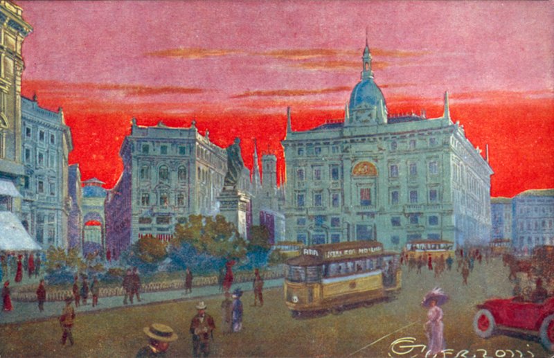 Milánó / Milan: Piazza Cordusio (színes litográfia) alkotó: Giovanni Guerzoni