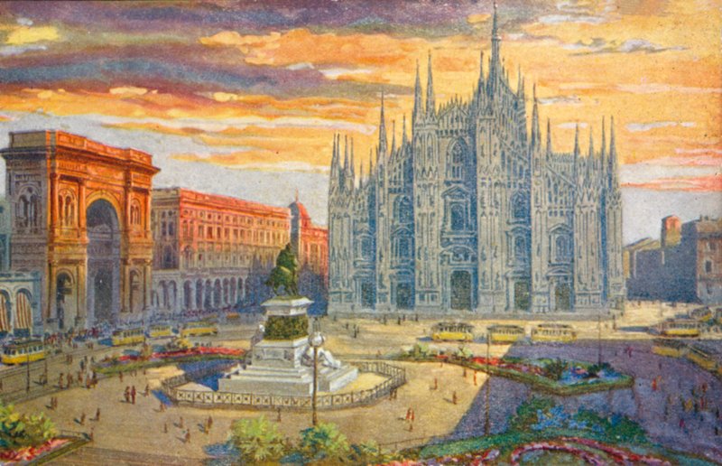 Milano / Milánó: Piazza del Duomo (színes litho) alkotó: Giovanni Guerzoni
