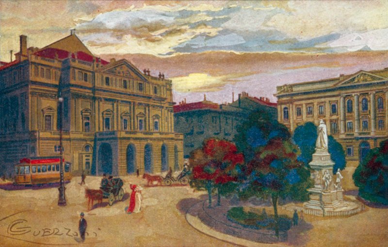 Milano / Milánó: Piazza és Teatro della Scala (színes litográfia) alkotó: Giovanni Guerzoni
