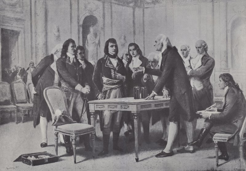 Alessandro Volta bemutatja ütőerejét Napóleonnak, Franciaország első konzuljának, 1801 alkotó: Giuseppe Bertini