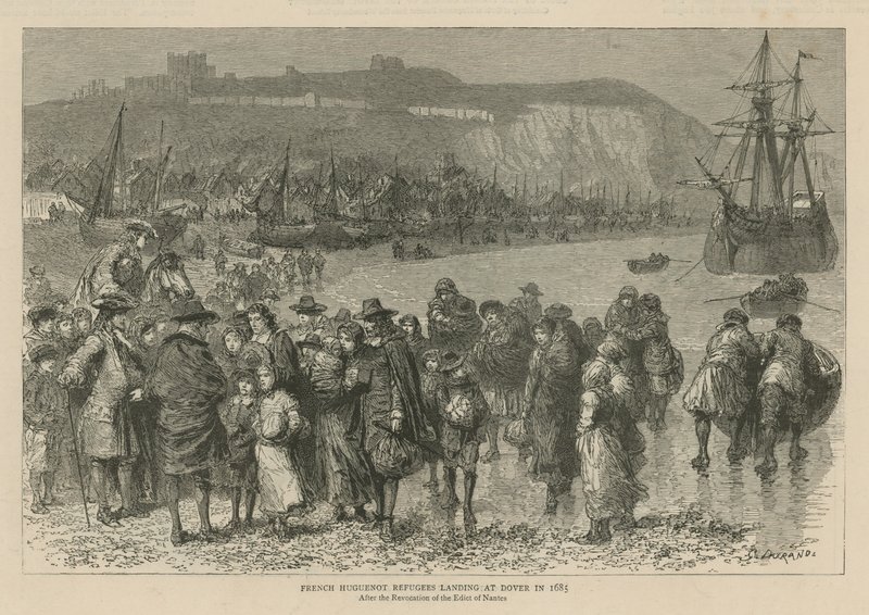 A hugenották Angliában: Doverben landoló francia hugenotta menekültek 1685-ben (metszet) alkotó: Godefroy Durand