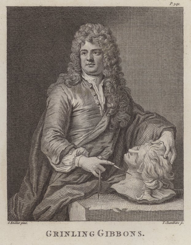 Grinling Gibbons, angol fafaragó és szobrász (metszet) alkotó: Godfrey (after) Kneller