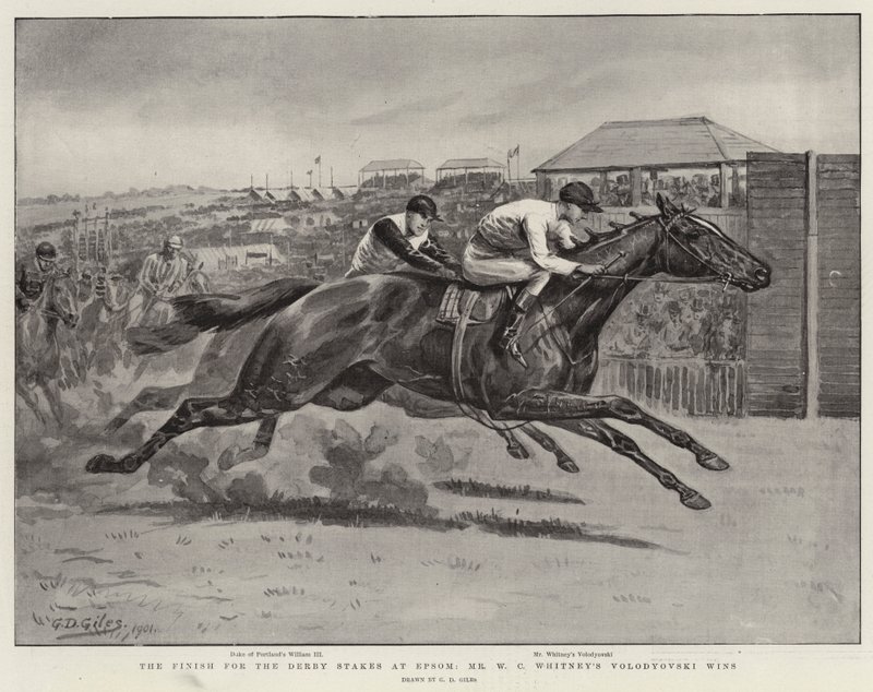A Derby Stakes befejezése Epsomban, Mr. W. C. Whitney Volodyovski nyer alkotó: Godfrey Douglas Giles