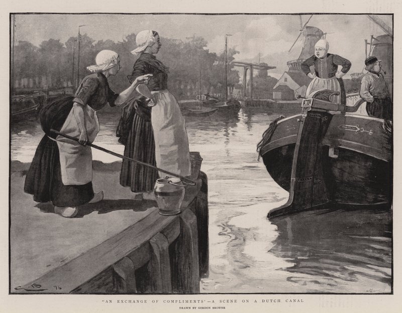 Bókok cseréje, jelenet a holland csatornán alkotó: Gordon Frederick Browne