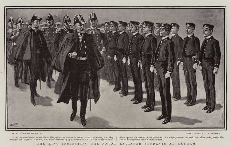 A király a haditengerészeti mérnök hallgatókat vizsgálja Keyhamben alkotó: Gordon Frederick Browne