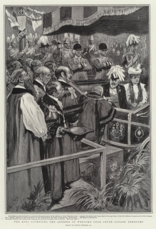 A király fogadja a dél-londoni kerületek üdvözlő beszédét alkotó: Gordon Frederick Browne