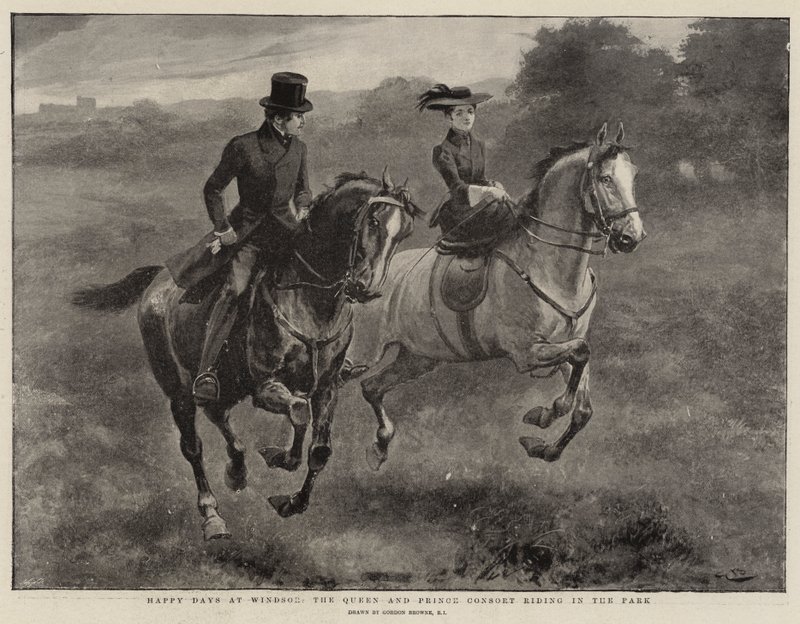 Boldog napokat Windsorban, a királynő és a herceg hitvese lovagol a parkban alkotó: Gordon Frederick Browne