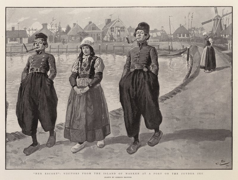 Kísérete, látogatók Marken szigetéről a Zuyder Zee egyik kikötőjében alkotó: Gordon Frederick Browne