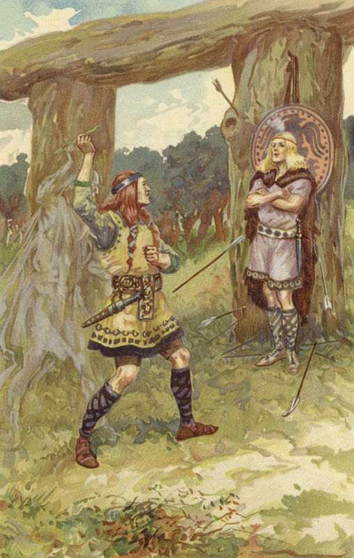 Hodur elvette a fagyöngyöt Lokitól, Loki pedig megvezette a karját, és Baldurra hajította, és Baldur éles kiáltással holtan esett (chromolitho) alkotó: Gordon Frederick Browne