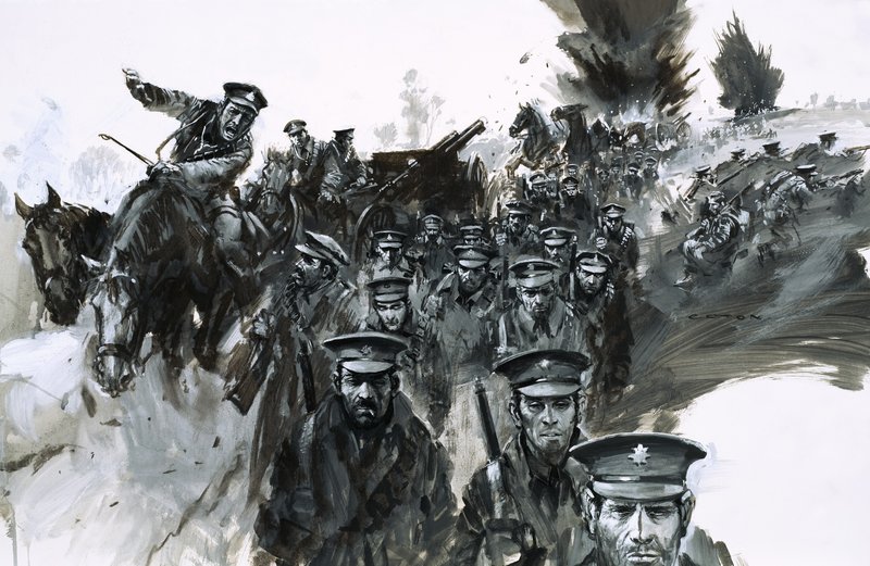1914-ben Monsnál egy sor olyan baklövés történt, amelyek hosszú visszavonuláshoz vezettek Franciaországon keresztül. alkotó: Graham Coton