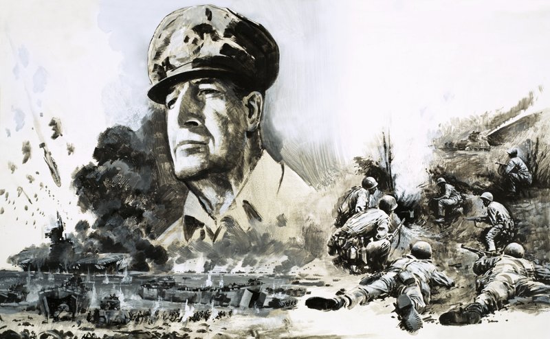 Douglas MacArthur a D-napi partraszállás jeleneteivel alkotó: Graham Coton